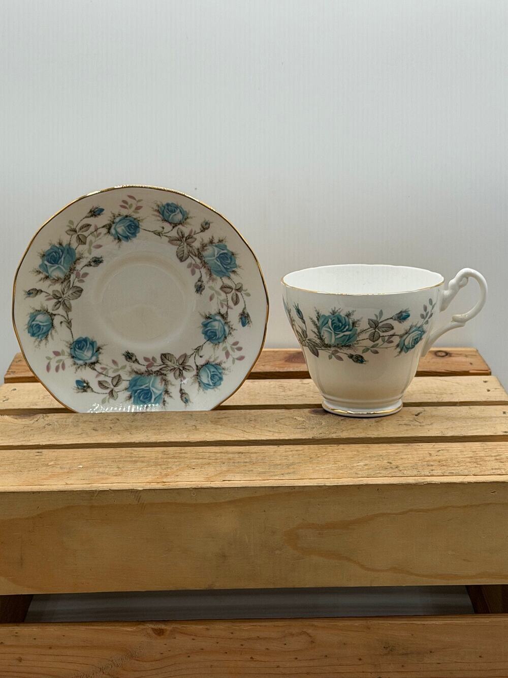 Queen Anne Vintage Blue Rose Bone China Teacup and Saucer Set